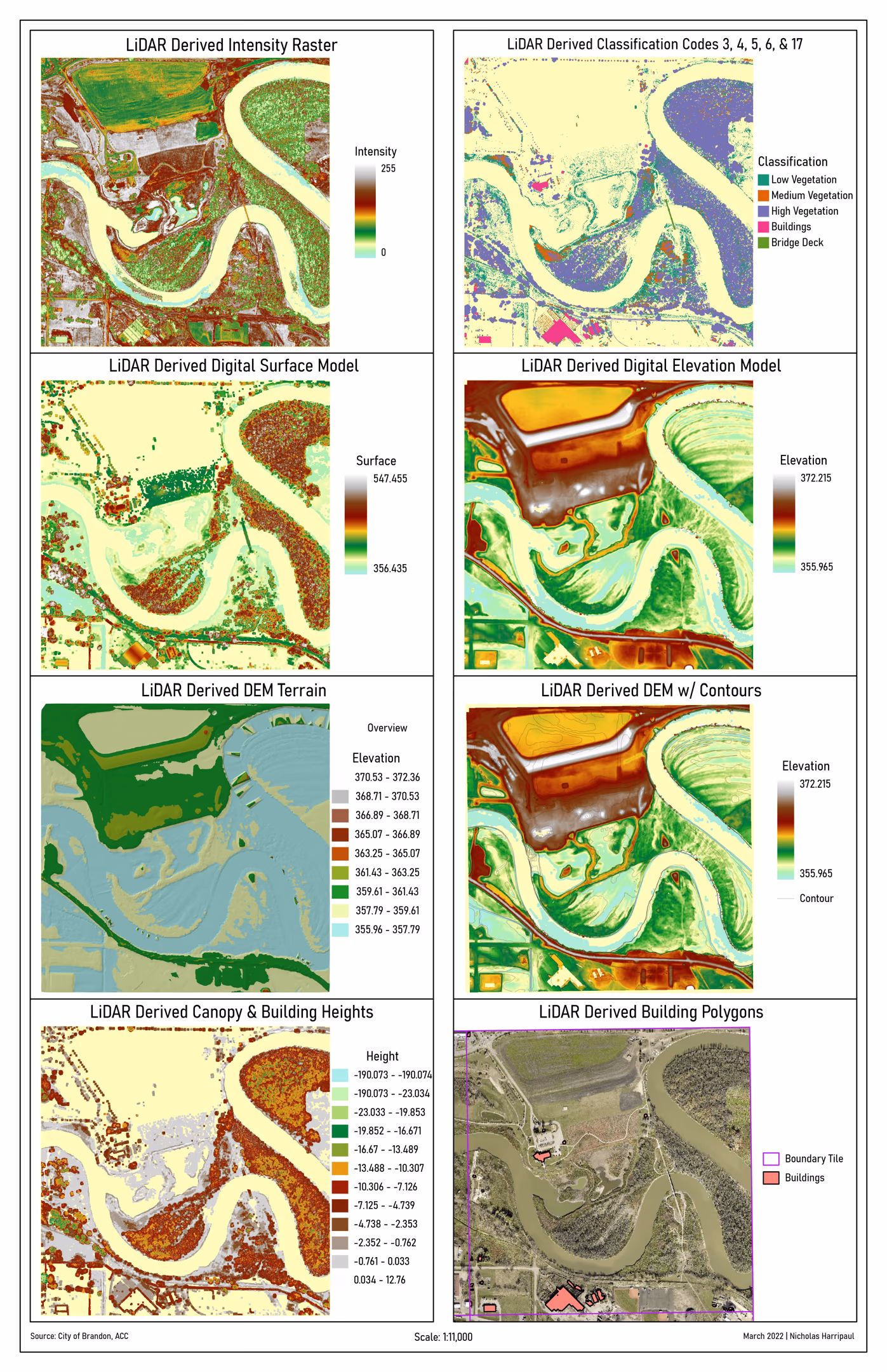 Derived terrain surfaces for the same recreation area with values from negative 7.1 to 12.8, over an aerial photograph for context.