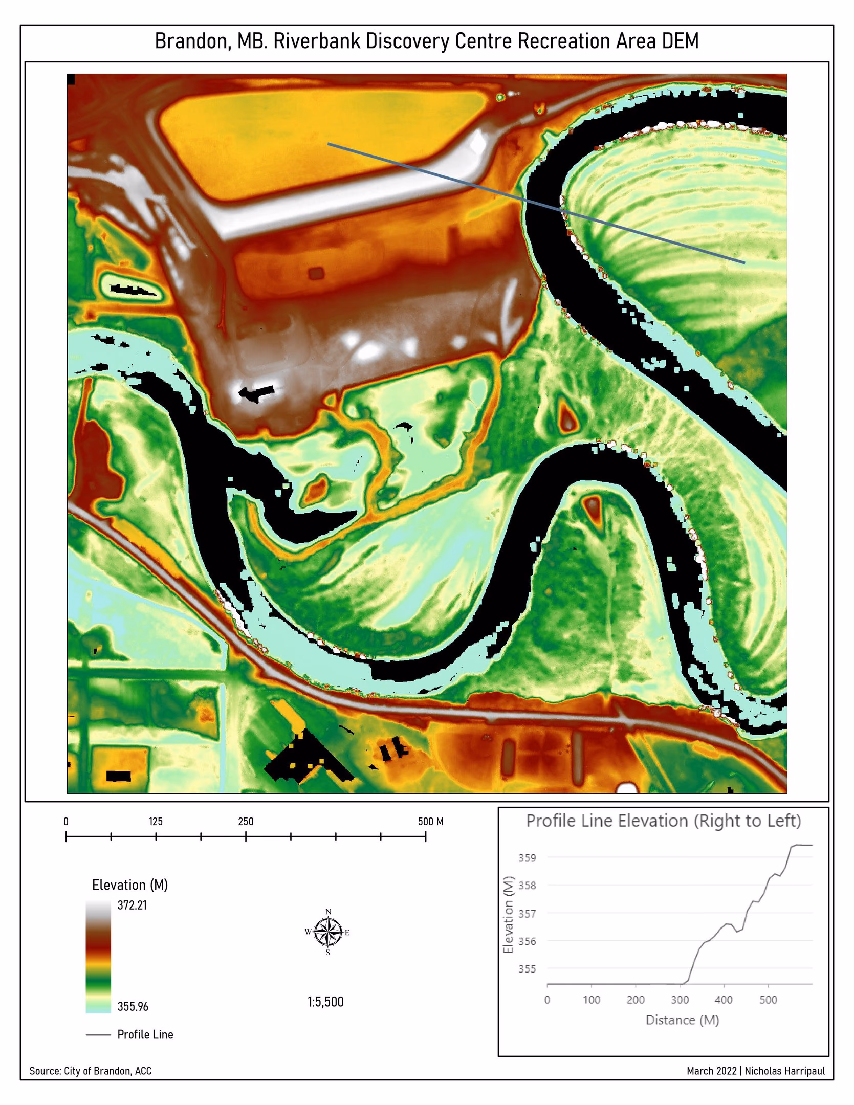 Fine-scale elevation model of the Riverbank Discovery Centre recreation area in Brandon at 1 to 5,500, with a profile line drawn across it.