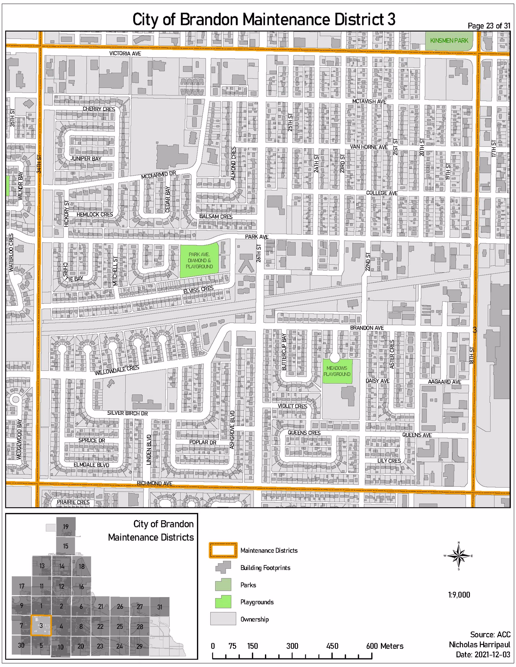 Mapbook sheet for district 3, same grid and symbology, with the active district outlined in orange.