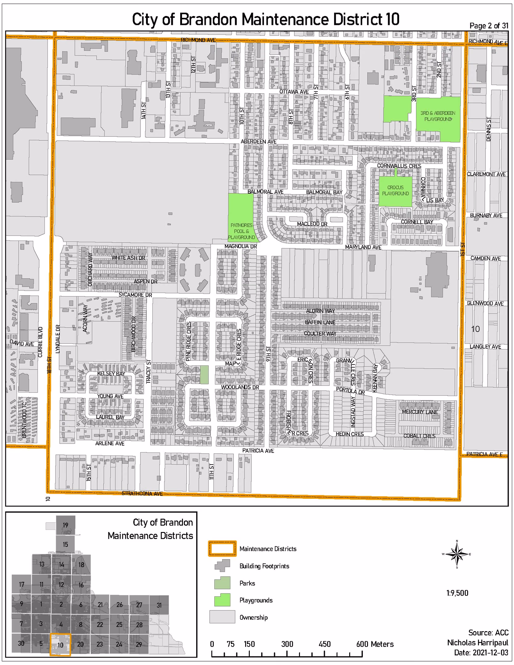 Mapbook sheet for district 10, showing parks and playground parcels within the district boundary.