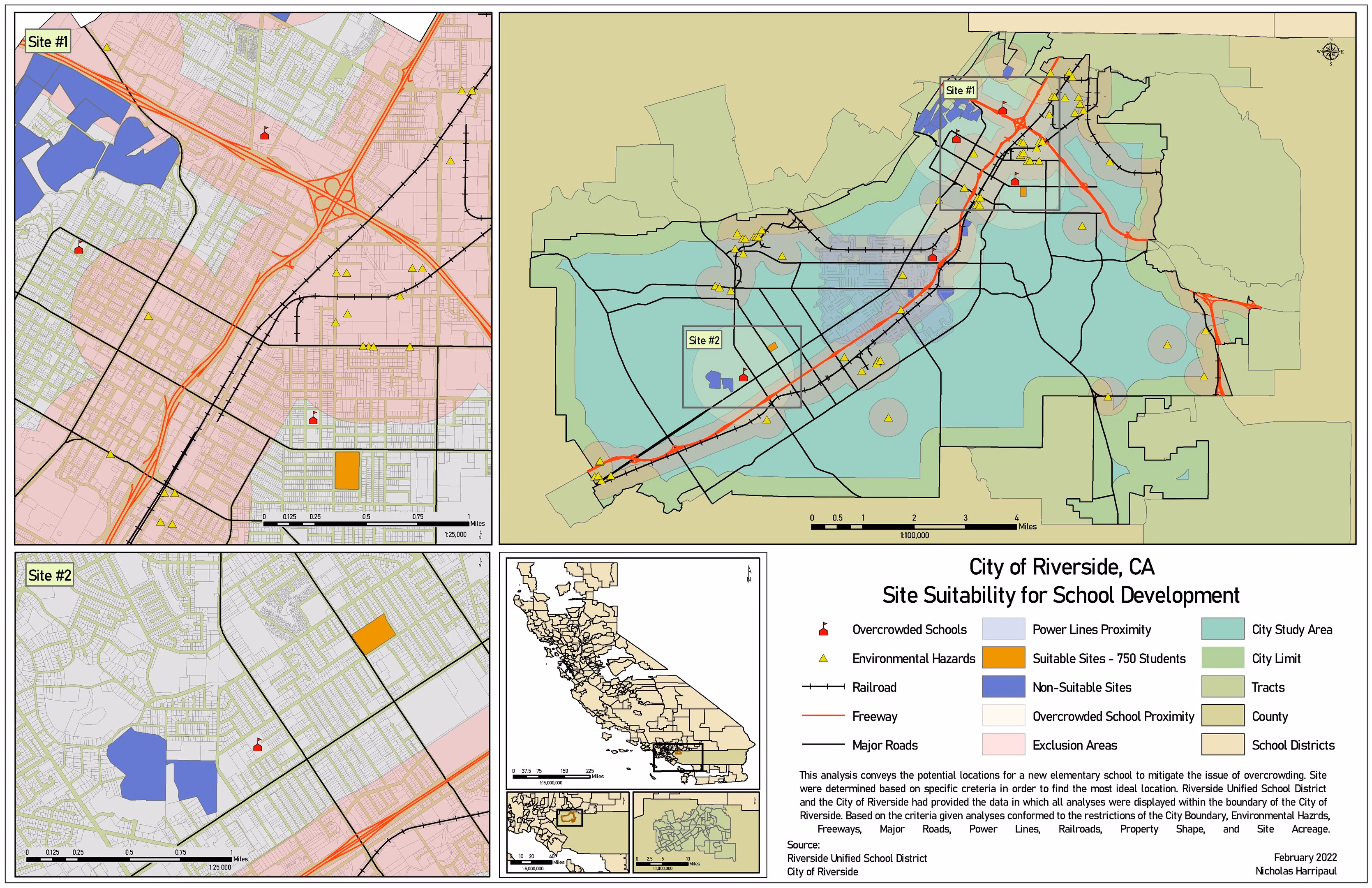 Site suitability analysis for school development in Riverside, California, combining zoning, road network, natural features and hazard layers into a ranked set of candidate sites.