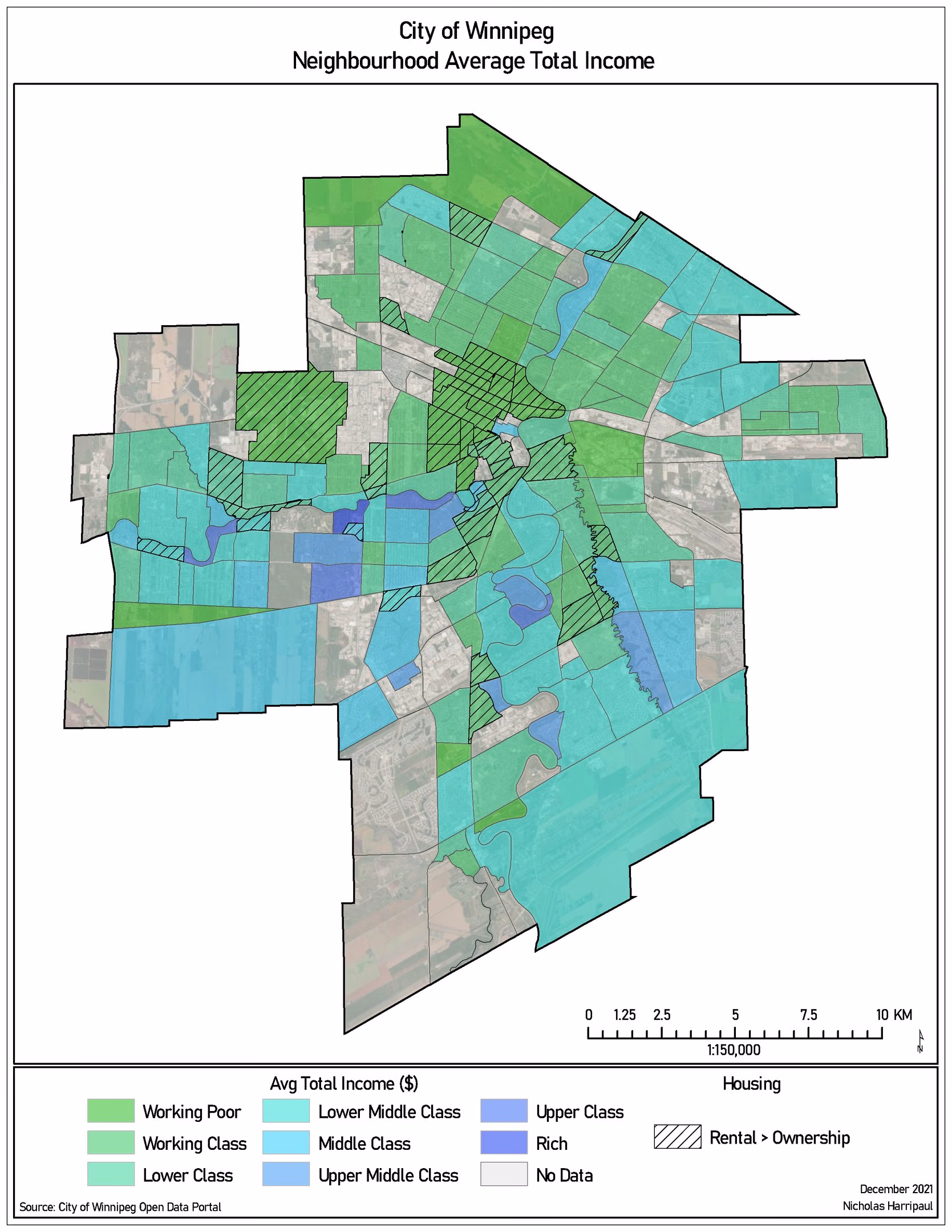 Choropleth of Winnipeg neighbourhoods shaded by average total income, with classes labelled from working poor through to rich and a distinct grey for neighbourhoods with no data.