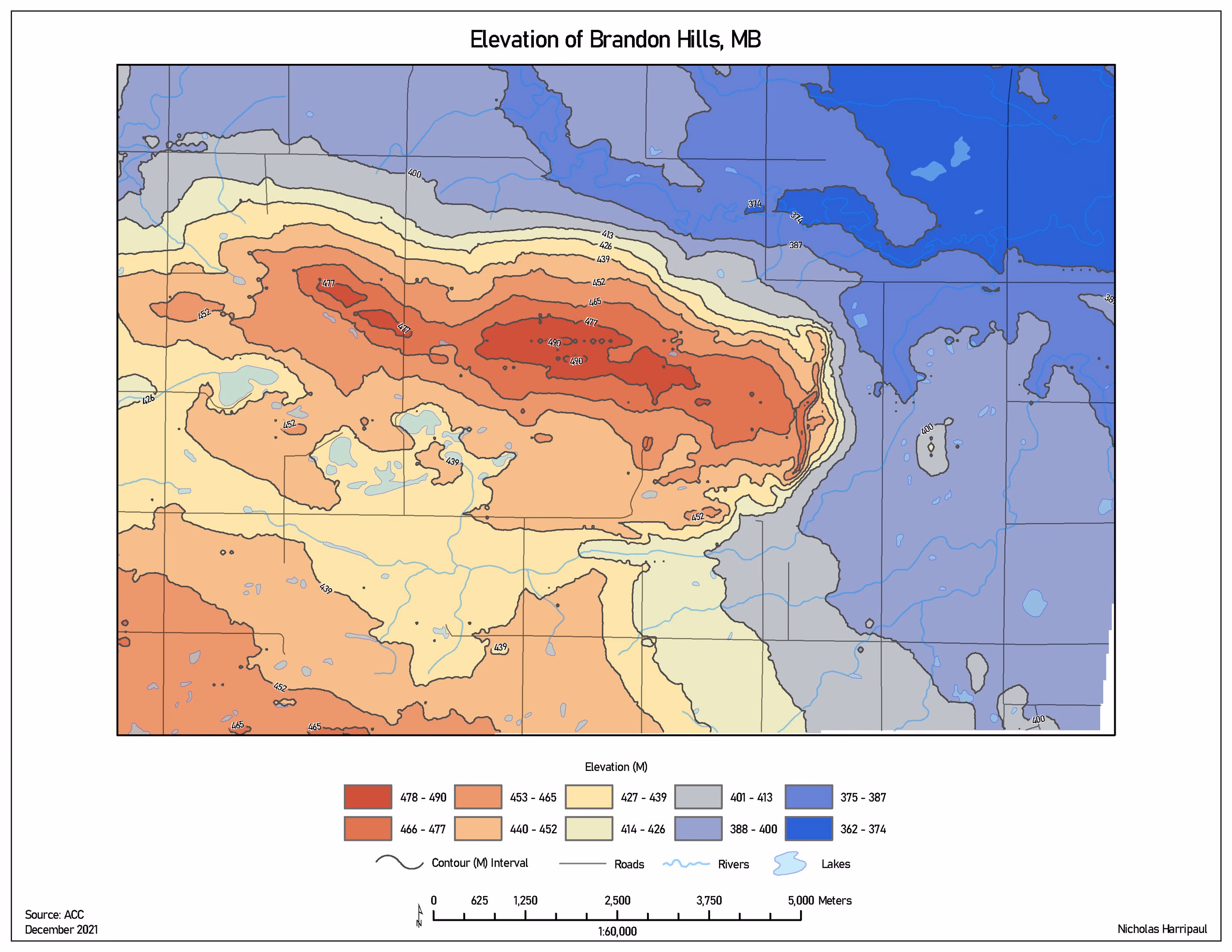 Elevation map of the Brandon Hills with contour intervals, roads and rivers, graded across a narrow 400 to 477 metre range.