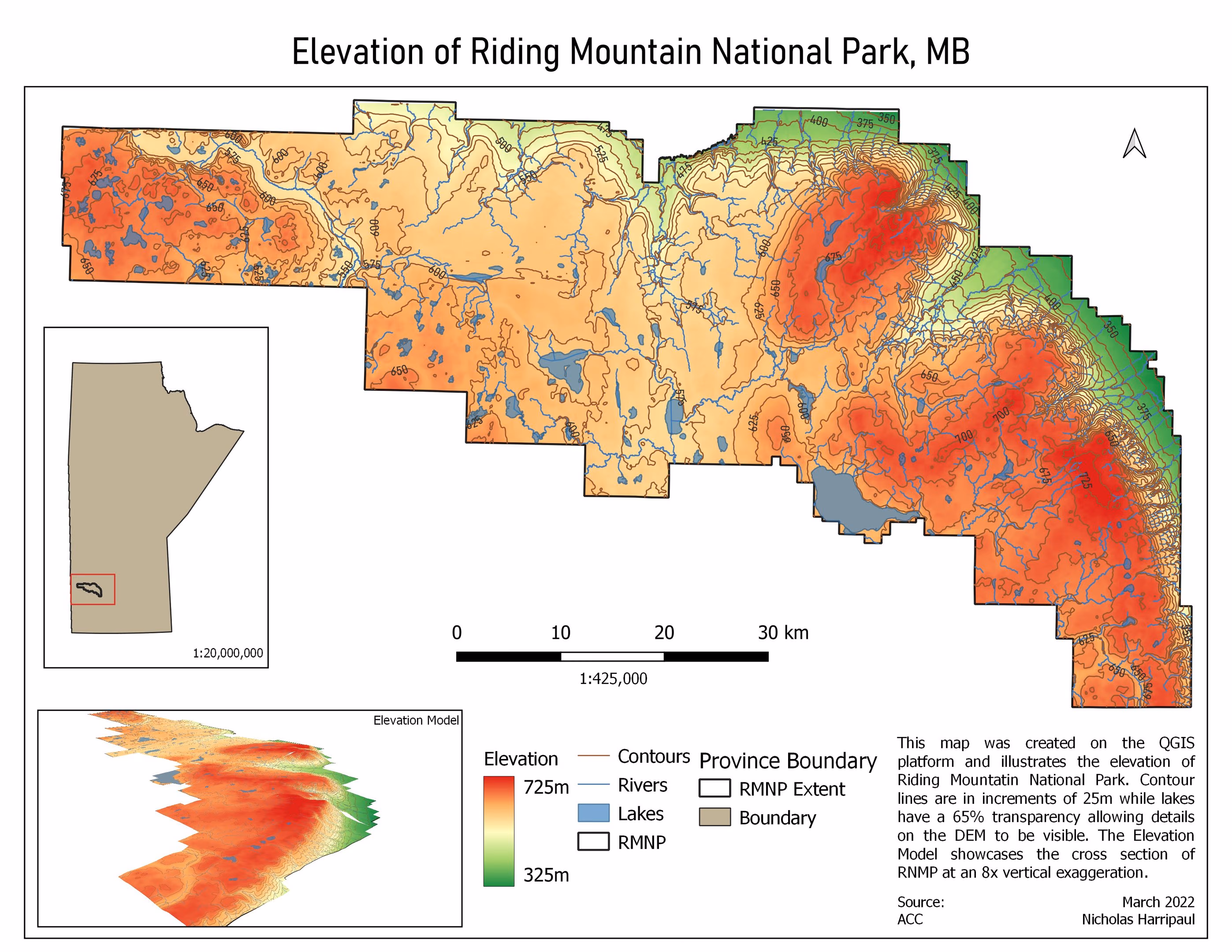 Elevation model of Riding Mountain National Park with contour intervals and a graded ramp reaching 325 metres.