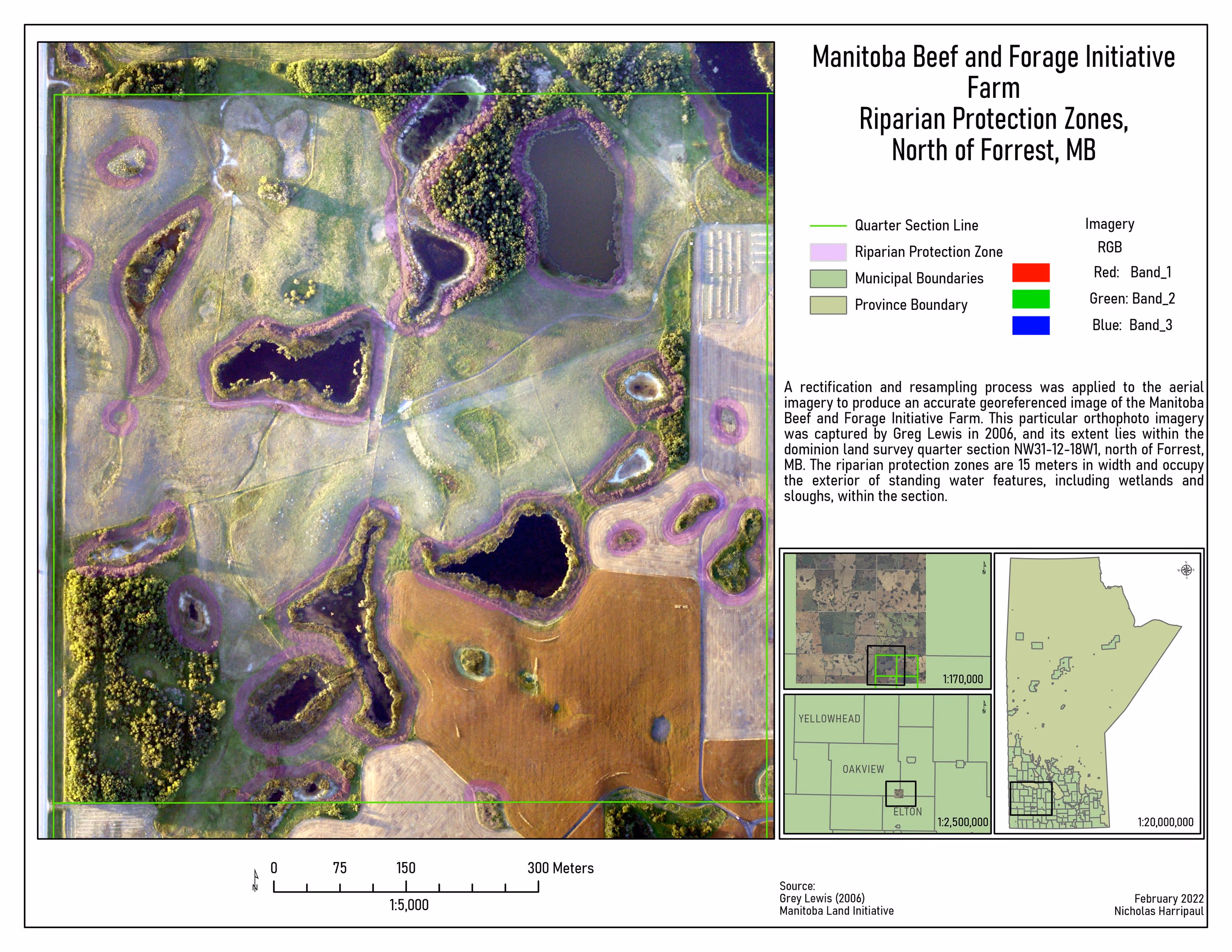 Riparian protection zones mapped along a watercourse on farmland north of Forrest, Manitoba, at 1 to 5,000 over aerial imagery.