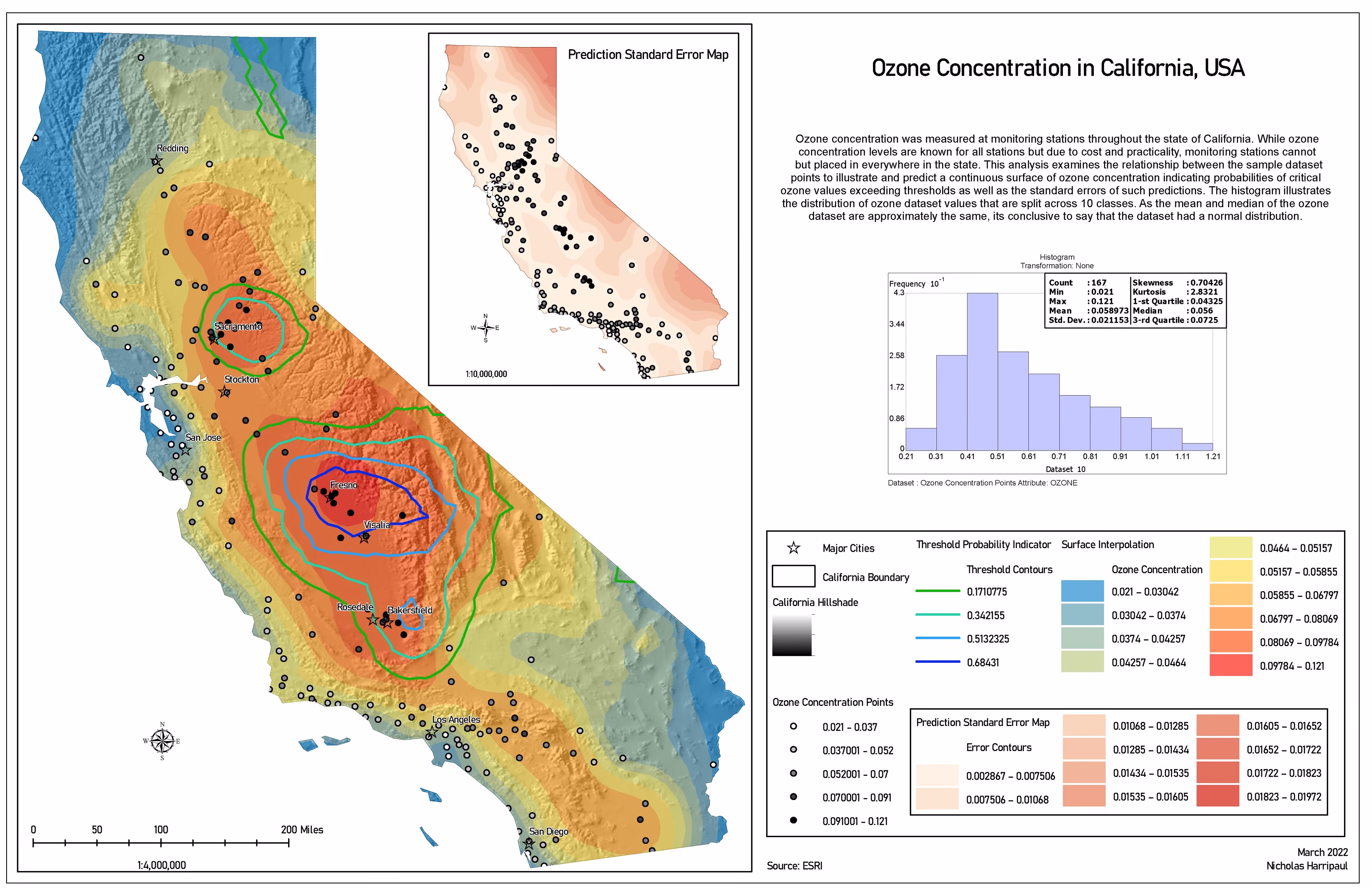 Interpolated ozone surface across California graded from blue on the coast to orange and red inland, with the monitoring stations the surface was interpolated from drawn as points on top.