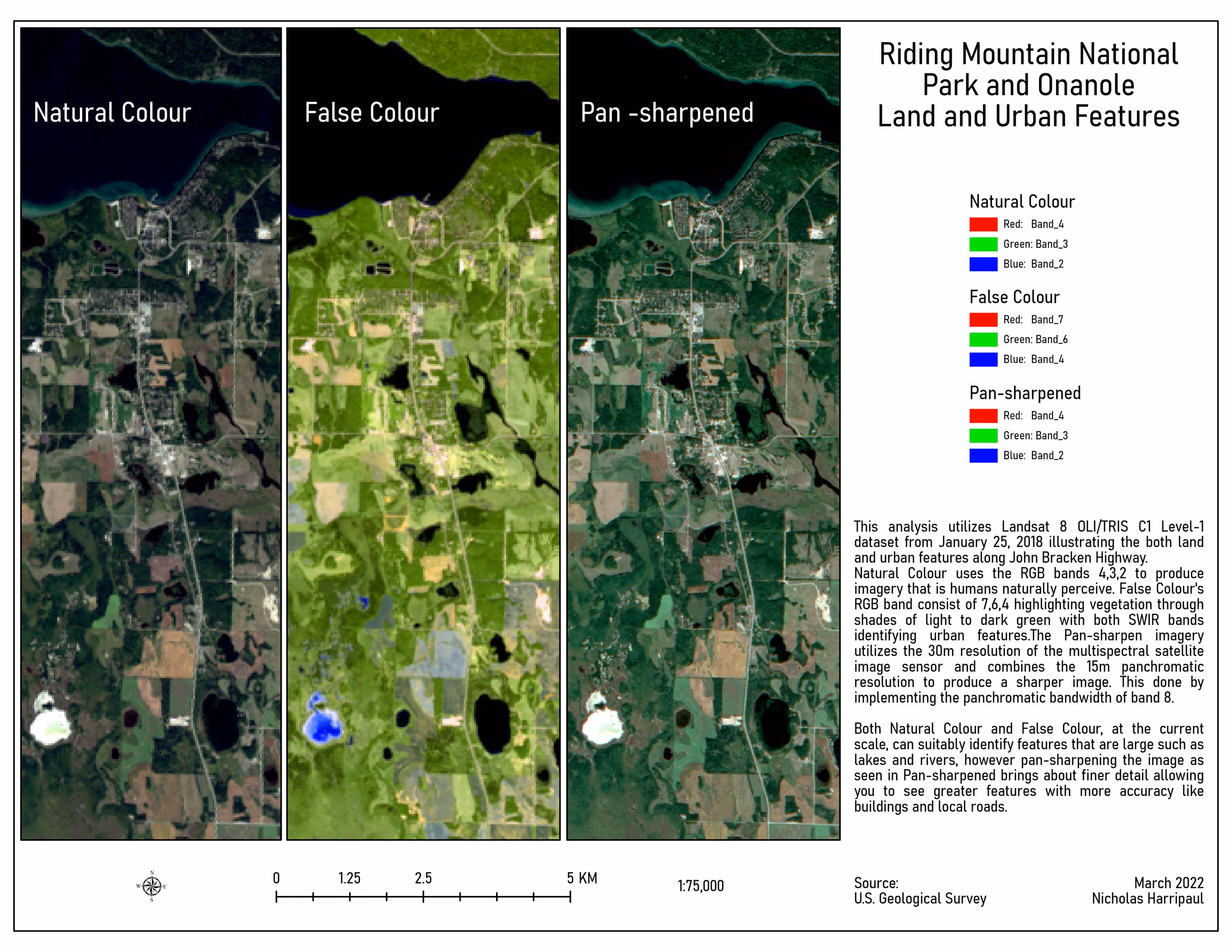 Land and urban features classified around Riding Mountain National Park and Onanole, showing the boundary between protected land and settlement.
