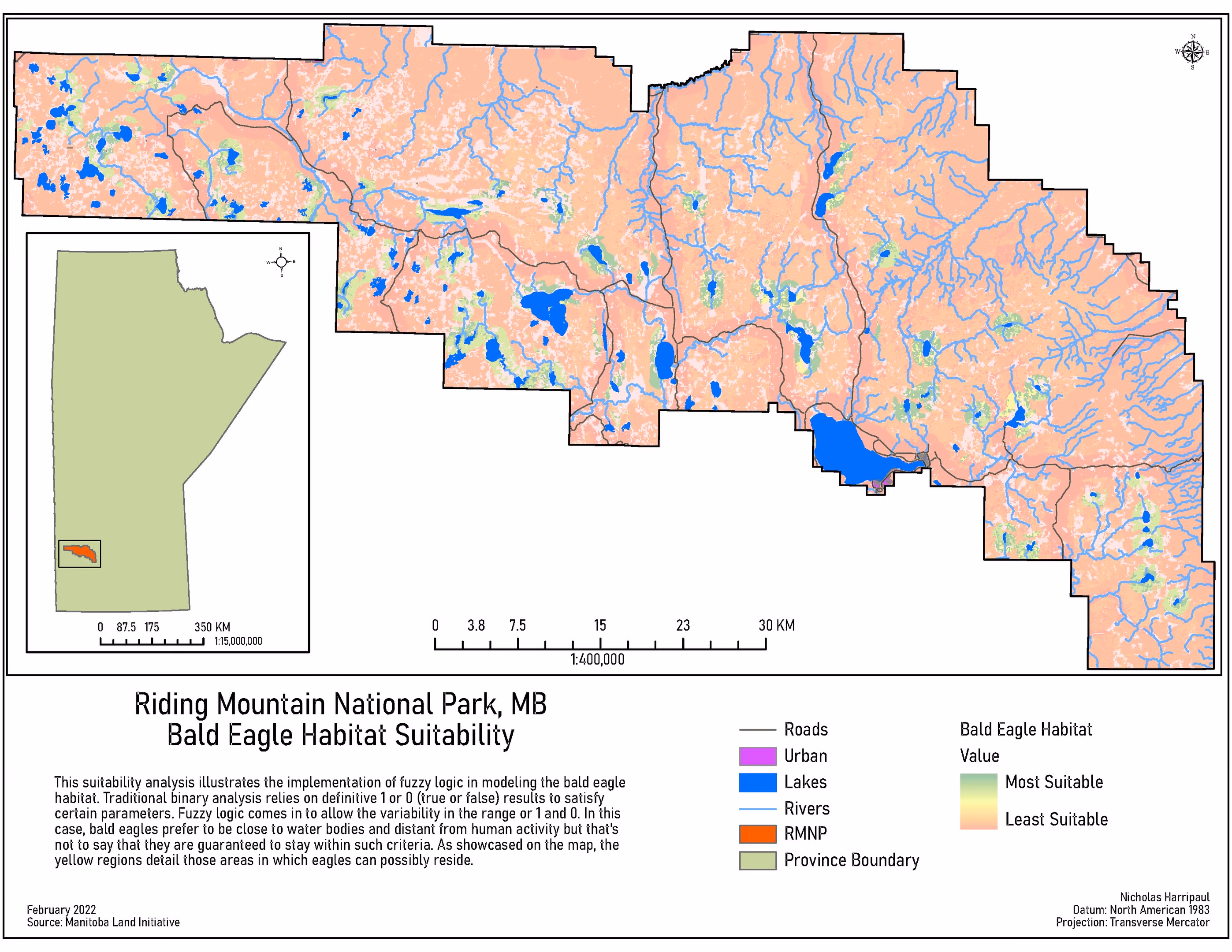 Continuous suitability surface across Riding Mountain National Park, graded from pink for least suitable to pale green for most suitable, with suitability concentrating in narrow bands along rivers and around lakes rather than in sharp blocks.