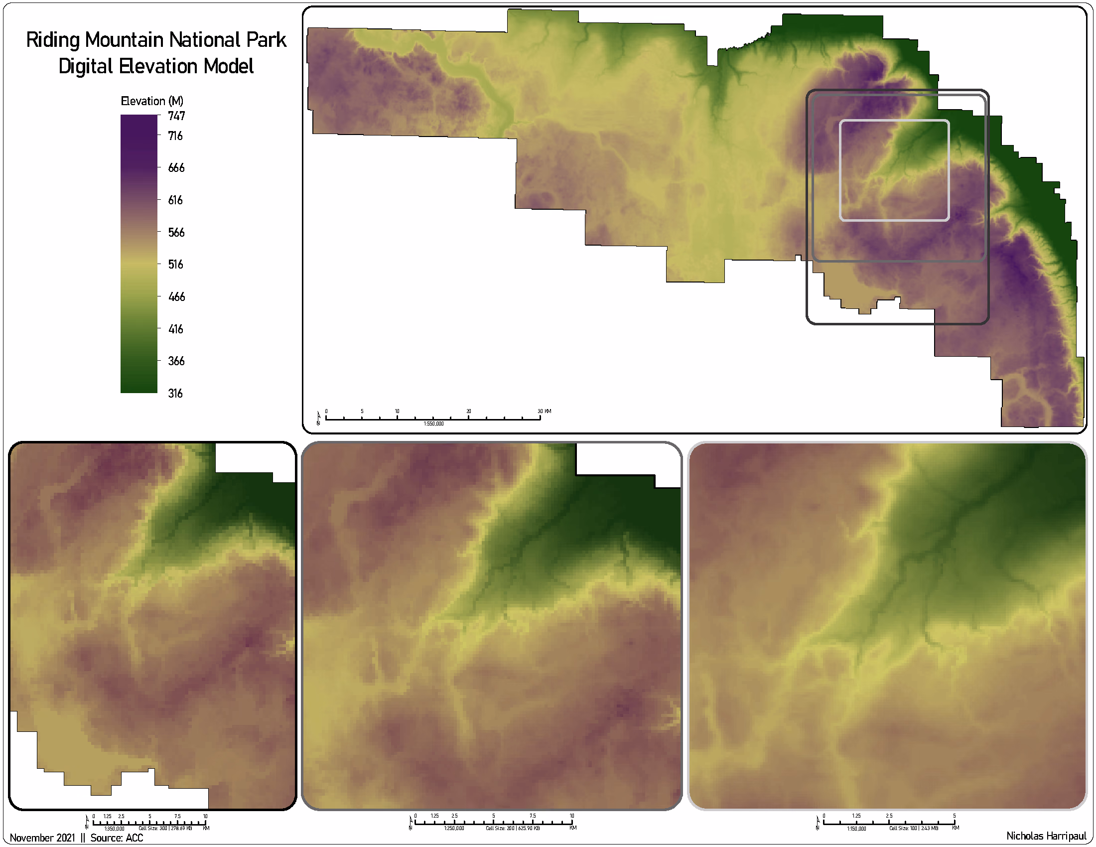 Two digital elevation models of Riding Mountain National Park side by side at 300 metre and 200 metre cell sizes, showing how much terrain detail the coarser raster discards.