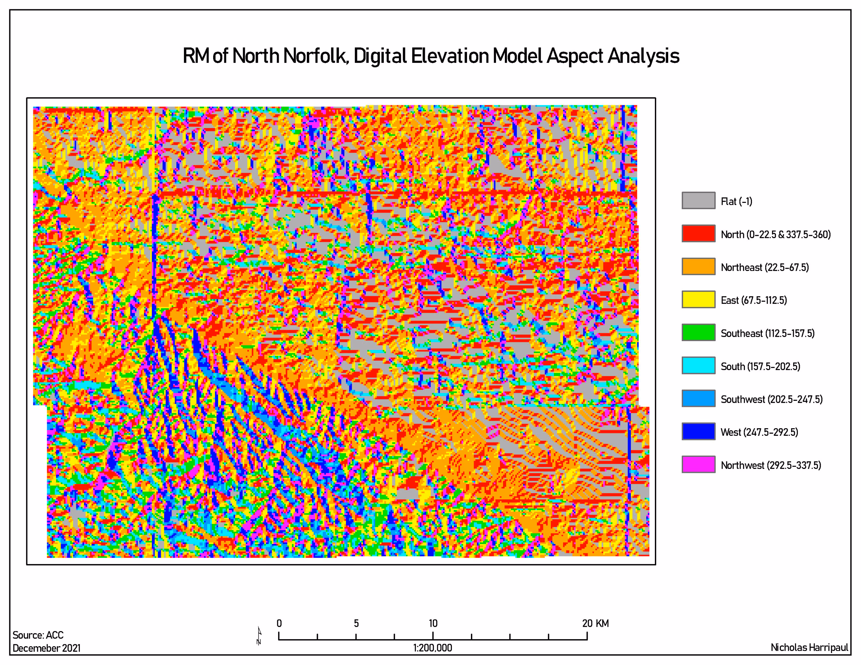 Aspect analysis of the same municipality showing the compass direction each slope faces.