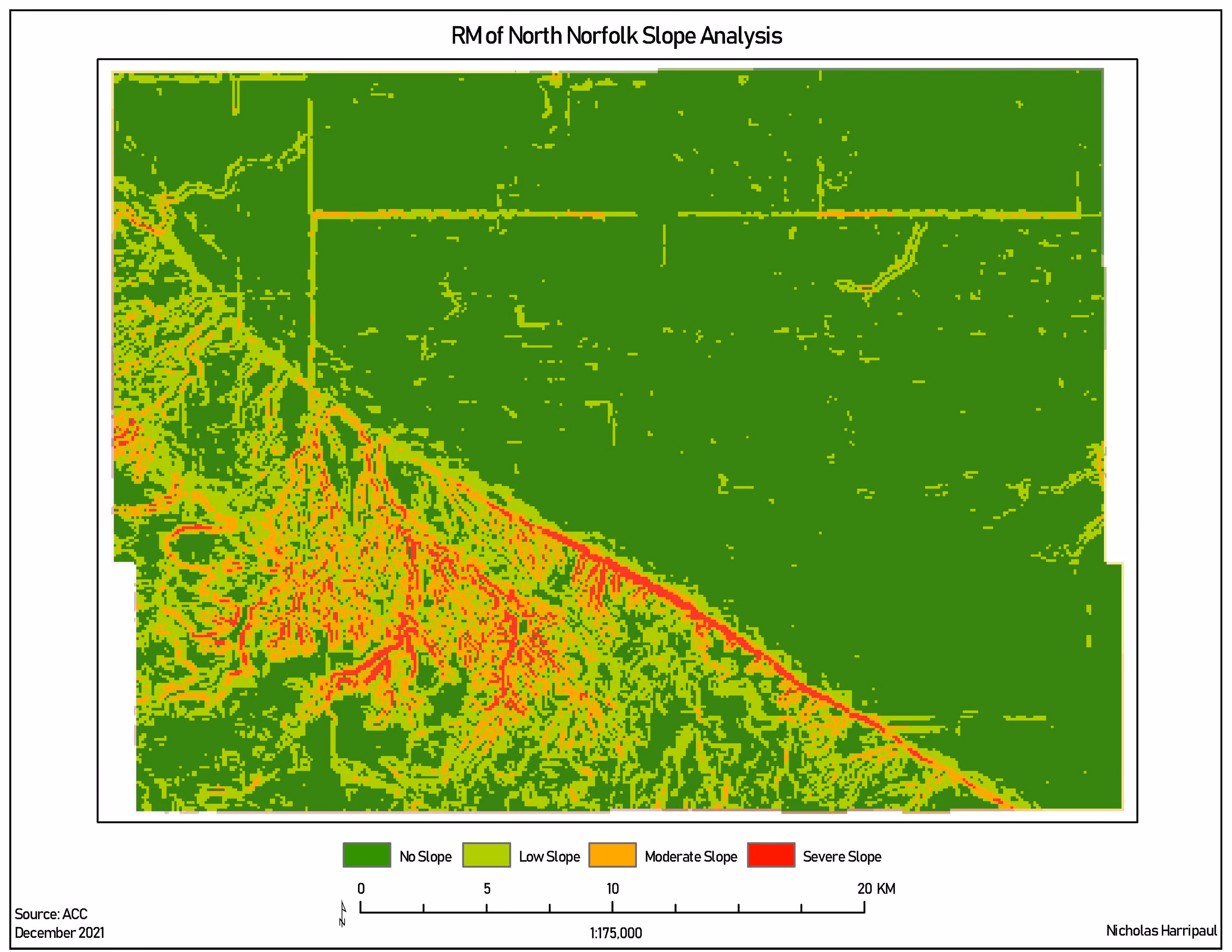 Slope classification of the RM of North Norfolk into no slope, low, moderate and steeper classes.