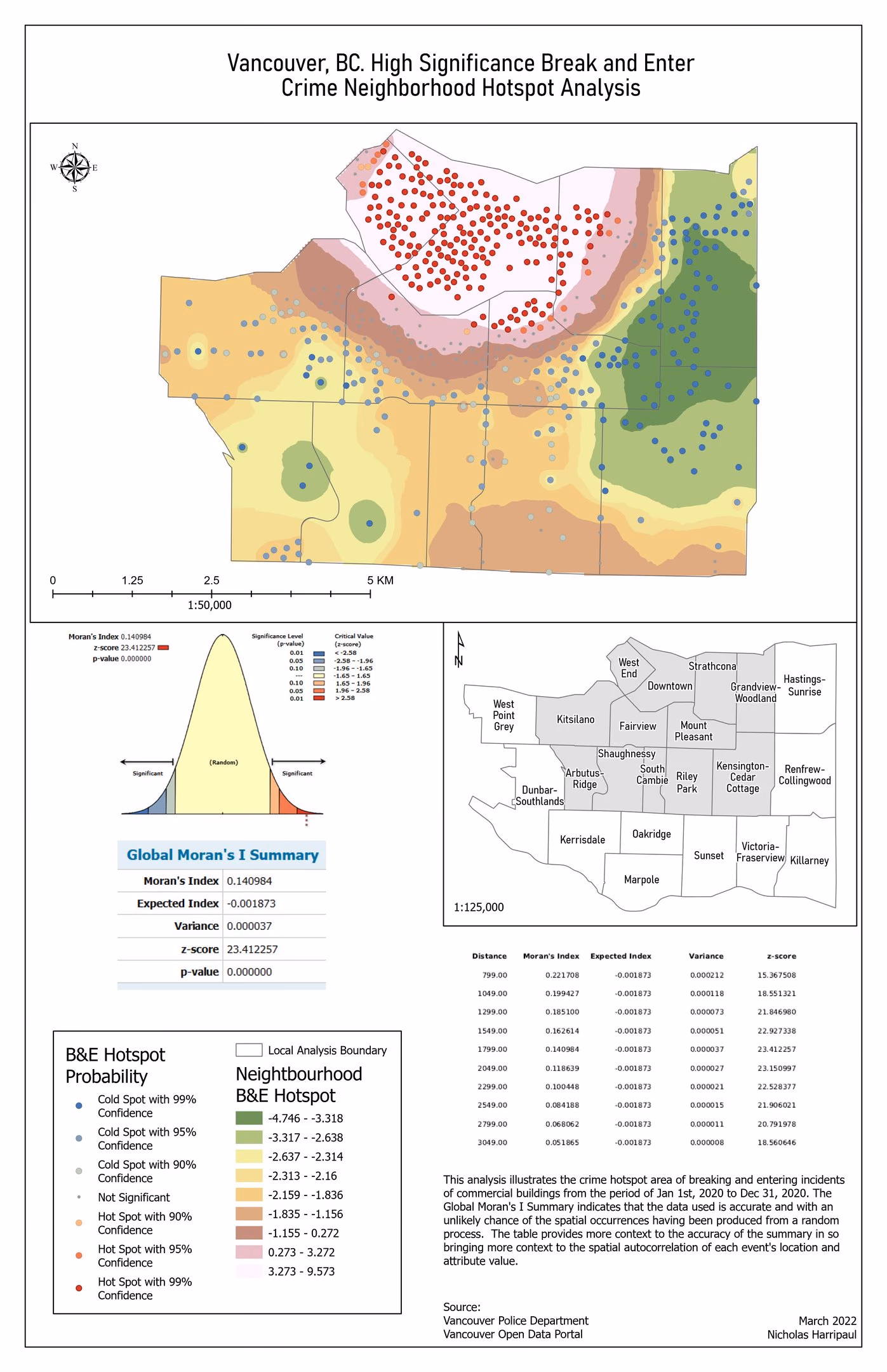 Neighbourhood-level view restricted to high-significance break-and-enter clusters, with commercial building context described in the margin.